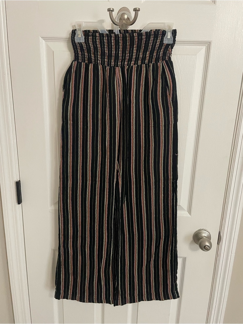 Billabong Black Wide-Leg Striped Smocked Waist Pants